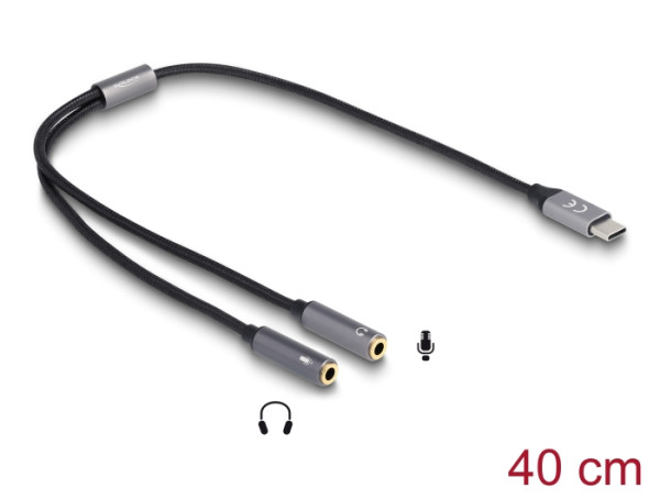 DeLOCK Headset Adapter USB Type-C Stecker DAC 24 Bit / 96 kHz Hi-Res zu 2 x 3,5 mm 3 Pin Klinkenbuchse (66616)