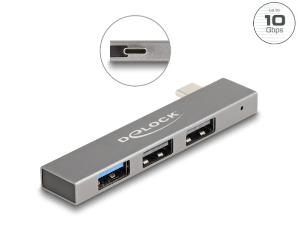 DeLOCK 3 Port Slim USB Hub mit USB Type-C zu 1 x USB 10 Gbps USB Typ-A + 2 x USB 2.0 Typ-A (64274)