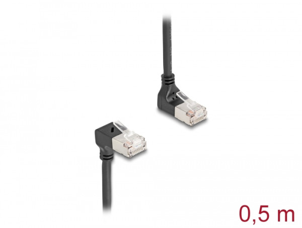 DeLOCK RJ45 Netzwerkkabel Cat.6A S/FTP Slim 90° oben / unten gewinkelt 0,5 m schwarz (80292)