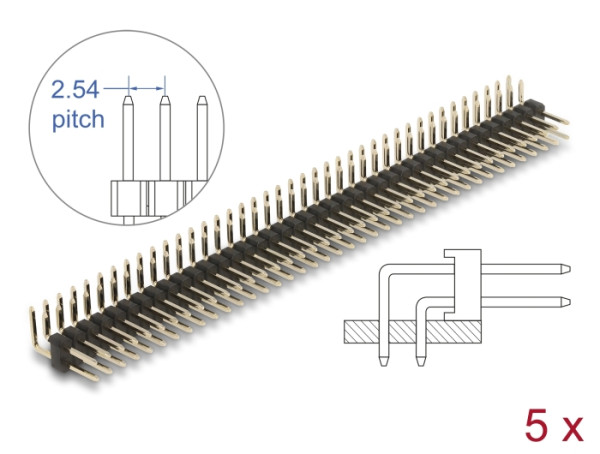 DeLOCK Stiftleiste 40 Pin, Rastermaß 2,54 mm, 2-reihig, gewinkelt, 5 Stück (66703)