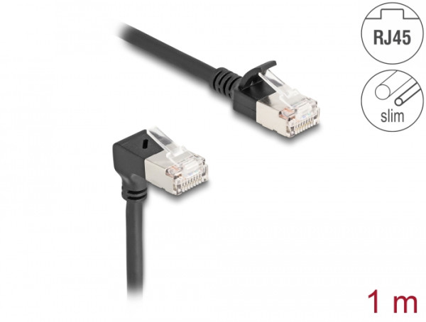 DeLOCK RJ45 Netzwerkkabel Cat.6A S/FTP Slim 90° unten gewinkelt / gerade 1 m schwarz (80305)