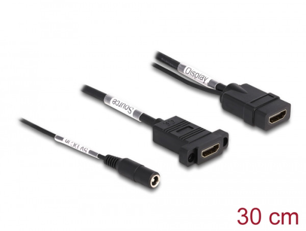 DeLOCK HDMI Kabel 4K 60 Hz mit DC Einspeisung 2,1 x 5,5 mm 0,30 m zum Einbau (87038)