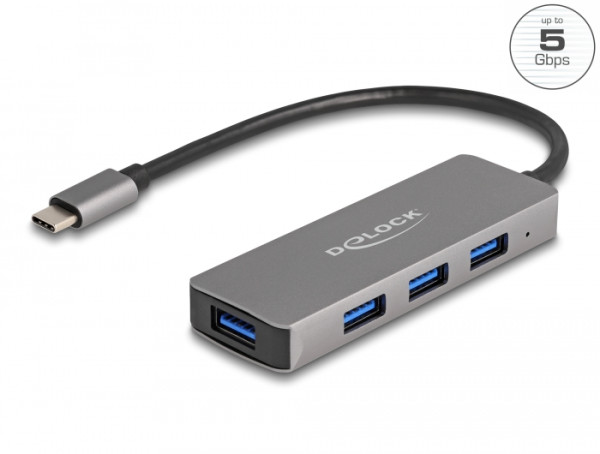 DeLOCK 4 Port USB 5 Gbps Hub mit USB Type-C Anschluss – USB Typ-A Buchsen seitlich (63173)