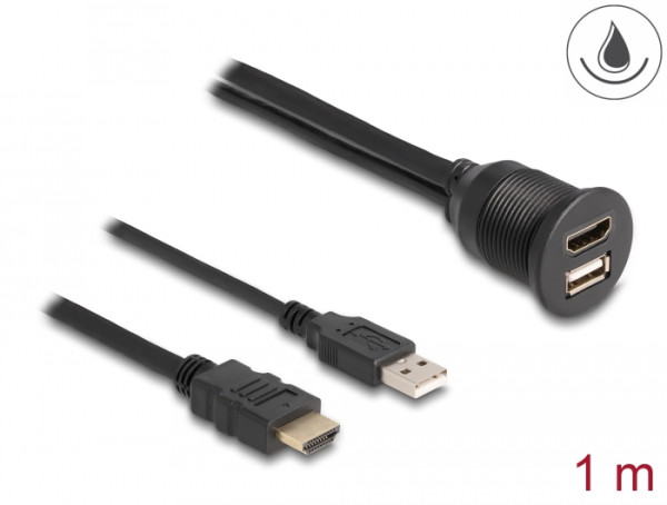 DeLOCK Kabel HDMI-A Stecker und USB 2.0 Typ-A Stecker zu HDMI-A Buchse und USB 2.0 Typ-A Buchse zum Einbau wasserfest 1 m (87880)