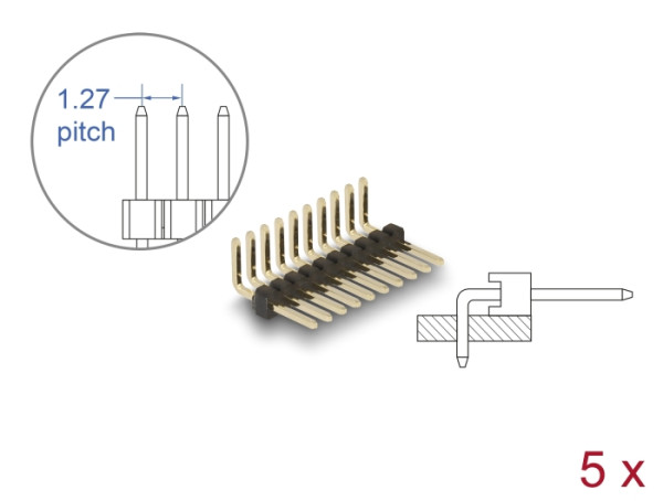 DeLOCK Stiftleiste 10 Pin, Rastermaß 1,27 mm, 1-reihig, gewinkelt, 5 Stück (66689)
