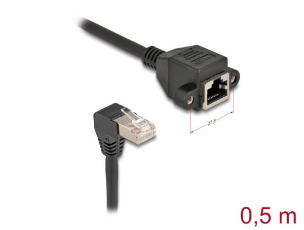 DeLOCK Netzwerk Verlängerungskabel S/FTP Stecker RJ45 Stecker 90° gewinkelt zu RJ45 Einbaubuchse Cat.6A 0,5 m schwarz (80310)