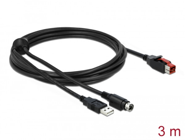 DeLOCK PoweredUSB Kabel Stecker 24 V zu USB Typ-A Stecker + Mini-DIN 3 Pin Stecker 3 m für POS Drucker und Terminals (85942)