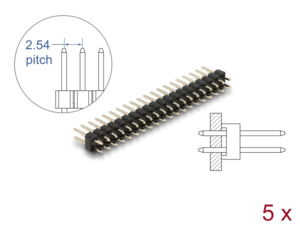 DeLOCK Stiftleiste 20 Pin, Rastermaß 2,54 mm, 2-reihig, gerade, 5 Stück (66699)