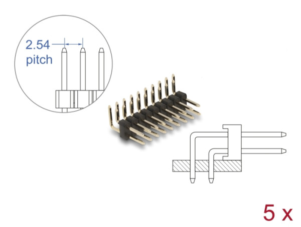 DeLOCK Stiftleiste 10 Pin, Rastermaß 2,54 mm, 2-reihig, gewinkelt, 5 Stück (66701)