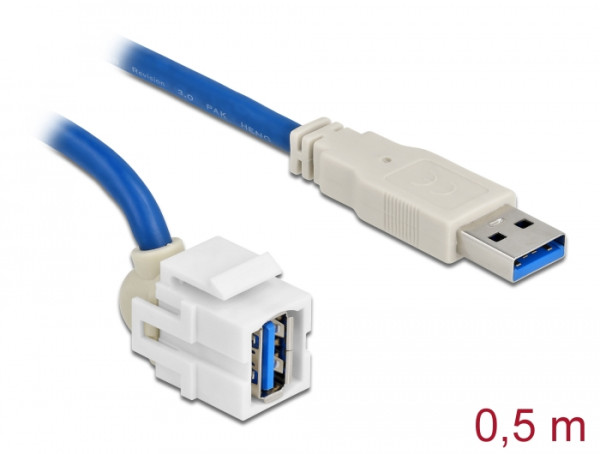 DeLOCK Keystone Modul USB 5 Gbps Typ-A Buchse 250° zu Typ-A Stecker mit 0,5 m Kabel weiß (86871)