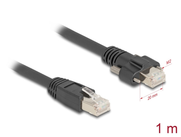 DeLOCK Kabel RJ45 Stecker zu RJ45 Stecker mit Schraubenabstand 20 mm für GigE Kamera Cat.6A S/FTP 1 m schwarz (80477)