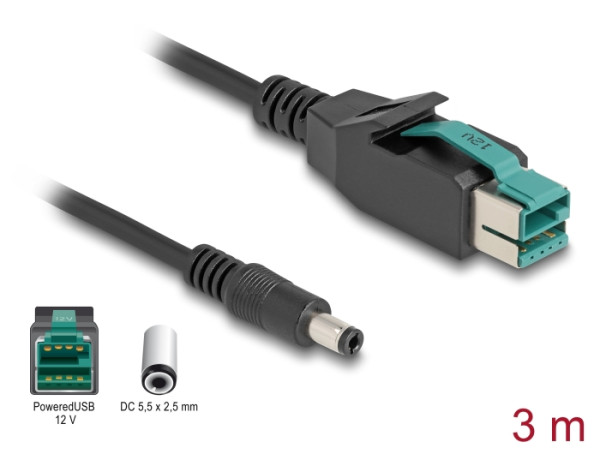 DeLOCK PoweredUSB Kabel Stecker 12 V zu DC 5,5 x 2,5 mm Stecker 3 m (80497)