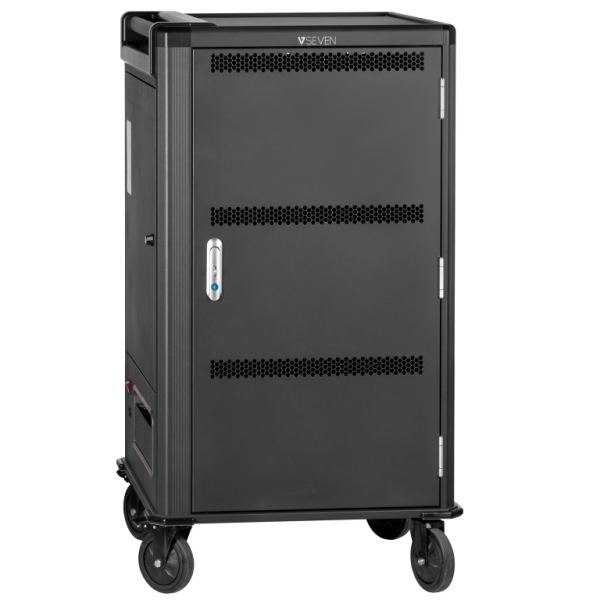 V7 Schuko AC Ladewagen für 30 Geräte – Schützen, Aufbewahren und Laden von Notebooks und Tablets. Gepolsterte Einlegeböden mit langlebigen Trennwänden, Gummirollen, IEC 62368-1 zertifiziert (CHGCT30-2E)