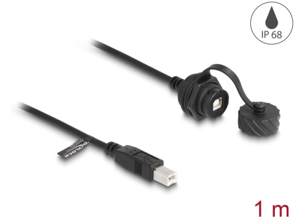 DeLOCK Kabel USB 2.0 Typ-B Stecker zu USB 2.0 Typ-B Buchse zum Einbau mit Bajonett-Verschlusskappe IP68 staub- und wasserdicht 1 m schwarz (88011)