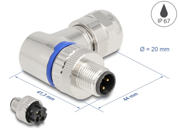 DeLOCK M12 Steckverbinder A-kodiert 3 Pin Stecker zur Montage mit Schraubanschluss 90° gewinkelt Metall (60539)