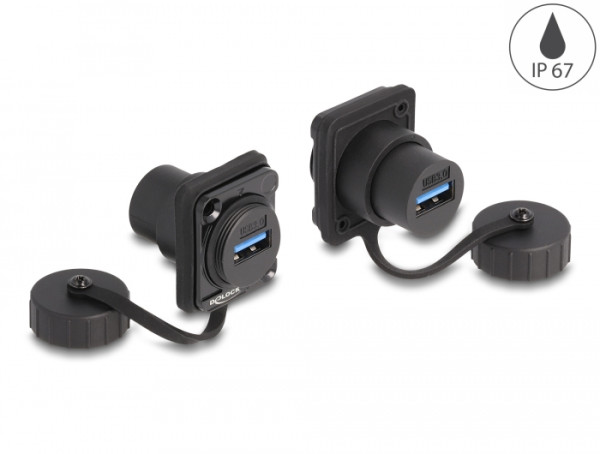 DeLOCK D-Typ Modul USB 3.2 Gen 1 Typ-A Buchse zu USB 3.2 Gen 1 Typ-A Buchse mit Verschlusskappe IP67 staub- und wasserdicht (86971)
