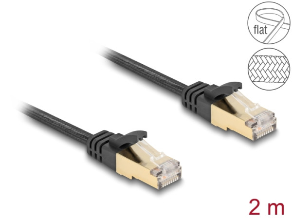 DeLOCK RJ45 Flachband Netzwerkkabel mit Geflechtmantel Cat.6A U/FTP Stecker zu Stecker 2 m schwarz (80326)