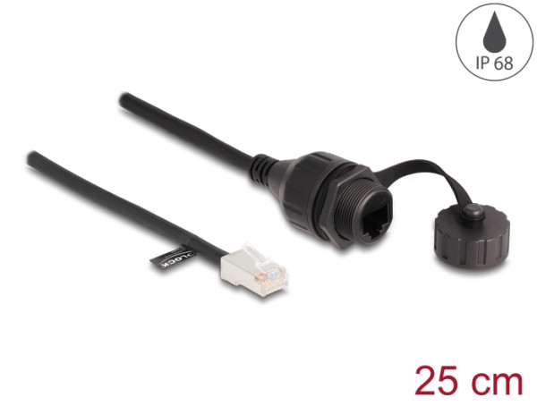 DeLOCK Kabel RJ45 Stecker zu RJ45 Buchse zum Einbau mit Verschlusskappe Cat.5e FTP IP68 staub- und wasserdicht 25 cm schwarz (88012)