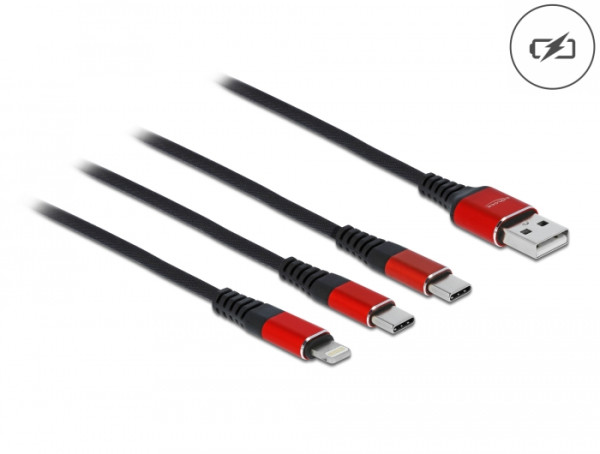 DeLOCK USB Ladekabel 3 in 1 Typ-A zu Lightning / 2 x USB Type-C 30 cm schwarz / rot (86708)