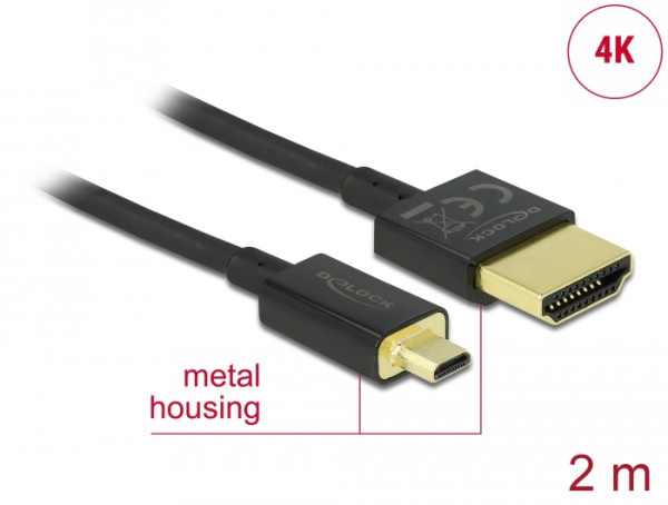 DeLOCK HDMI-A/HDMI Micro-D, 2 m HDMI-Kabel HDMI Typ A Standard HDMI Typ D Mikrofon Schwarz (84783)
