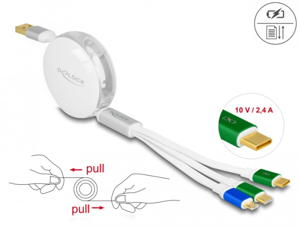 DeLOCK USB 3 in 1 Aufrollladekabel Typ-A zu Micro USB / 2 x USB Type-C mit Schnellladefunktion weiß (85358)