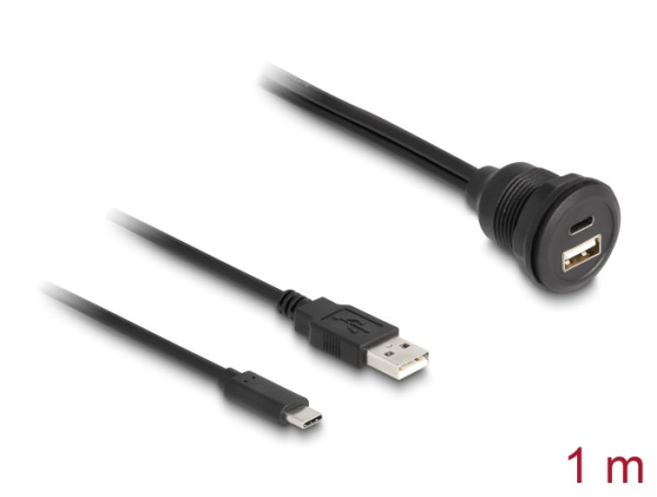 DeLOCK USB 2.0 Kabel USB Typ-A Stecker und USB Type-C Stecker zu USB Typ-A Buchse und USB Type-C Buchse zum Einbau 1 m schwarz (88102)