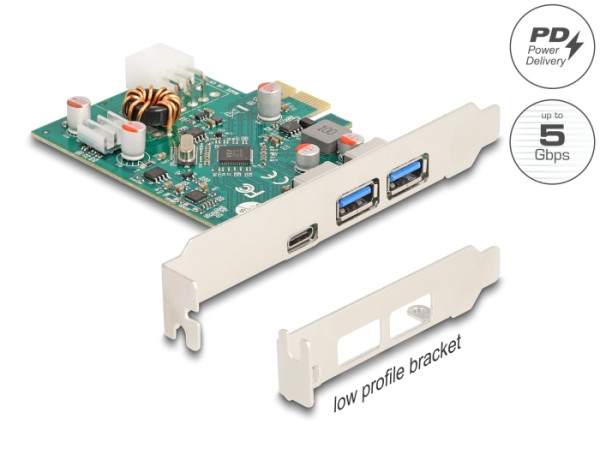 DeLOCK PCI Express x1 Karte zu 1 x extern USB Type-C Buchse PD 30 W + 2 x extern USB Typ-A Buchse USB 5 Gbps (90229)