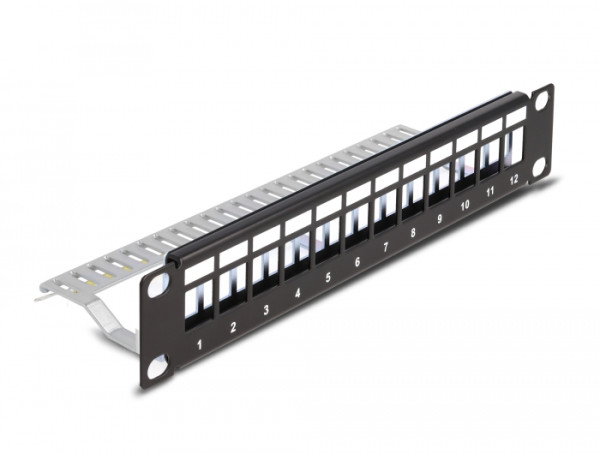 DeLOCK 10″ Keystone Patchpanel 12 Port mit Entlastungsschiene 1 HE schwarz (66874)