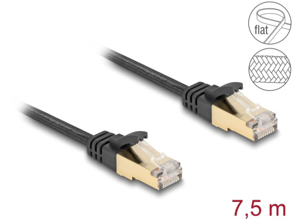 DeLOCK RJ45 Flachband Netzwerkkabel mit Geflechtmantel Cat.6A U/FTP Stecker zu Stecker 7,5 m schwarz (80329)