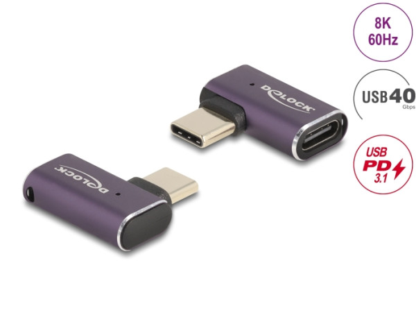 DeLOCK USB Adapter 40 Gbps USB Type-C PD 3.1 240 W Stecker zu Buchse gewinkelt links / rechts 8K 60 Hz Metall (60287)
