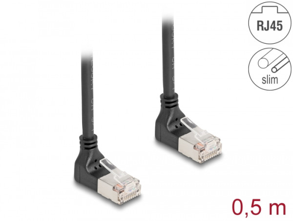 DeLOCK RJ45 Netzwerkkabel Cat.6A S/FTP Slim 90° oben / oben gewinkelt 0,5 m schwarz (80280)