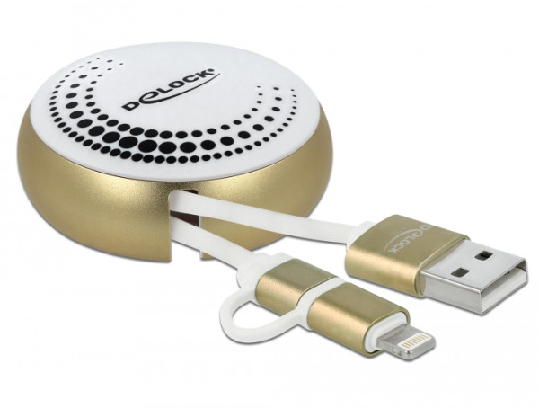 DeLOCK USB 2.0 2 in 1 Aufrollkabel Typ-A zu Micro-B und Lightning™ 8 Pin weiß / gold (85820)