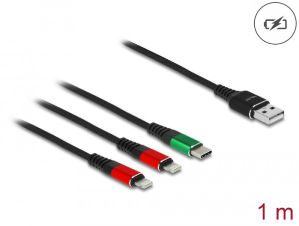 DeLOCK USB Ladekabel 3 in 1 Typ-A zu 2 x Lightning™ / USB Type-C™ 1 m (86821)