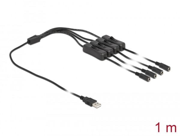 DeLOCK Kabel USB Typ-A Stecker zu 4 x DC 5,5 x 2,1 mm Buchse mit Schalter 1 m (86799)