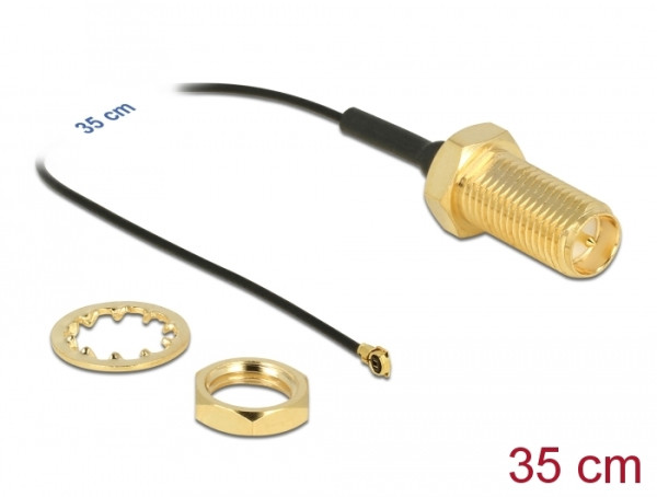 DeLOCK Antennenkabel RP-SMA Buchse zum Einbau zu I-PEX Inc., MHF® 4 Stecker 0.81 35 cm Gewindelänge 10 mm (90478)