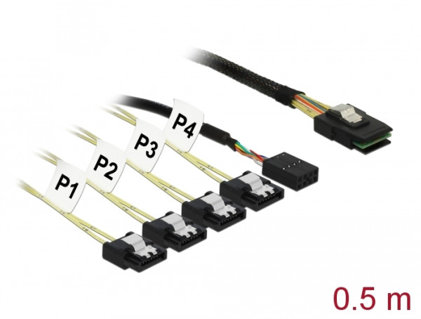 DeLOCK 0.5m, Mini SAS SFF-8087/4xSATA 7p 0,5 m Schwarz, Silber, Gelb (83318)