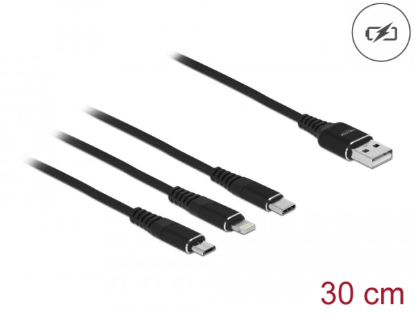 DeLOCK USB Ladekabel 3 in 1 Typ-A zu Lightning / Micro USB / USB Type-C 30 cm schwarz (87152)