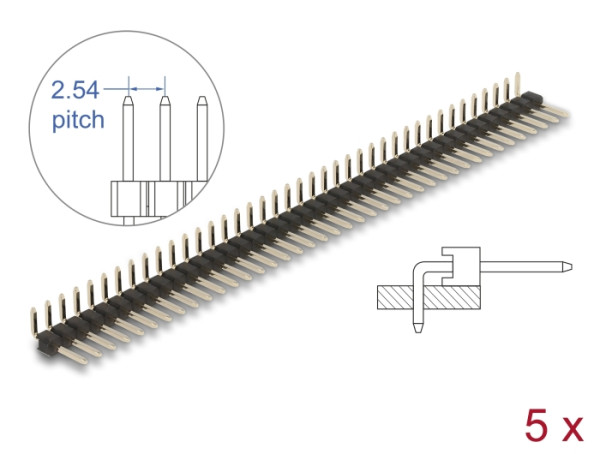 DeLOCK Stiftleiste 40 Pin, Rastermaß 2,54 mm, 1-reihig, gewinkelt, 5 Stück (66697)