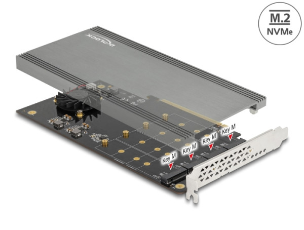 DeLOCK PCI Express x16 Karte zu 4 x intern NVMe M.2 Key M mit Kühlkörper und Lüfter - Bifurcation (90050)