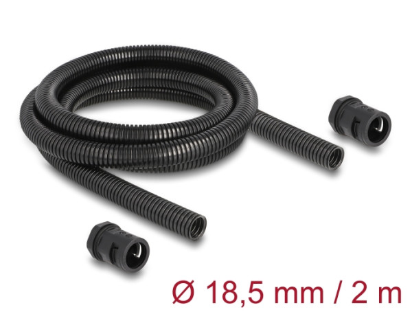 DeLOCK Kabelschutzschlauch 2 m x 18,5 mm mit 2 x PG13,5 Schlauchverschraubung Set schwarz (60464)