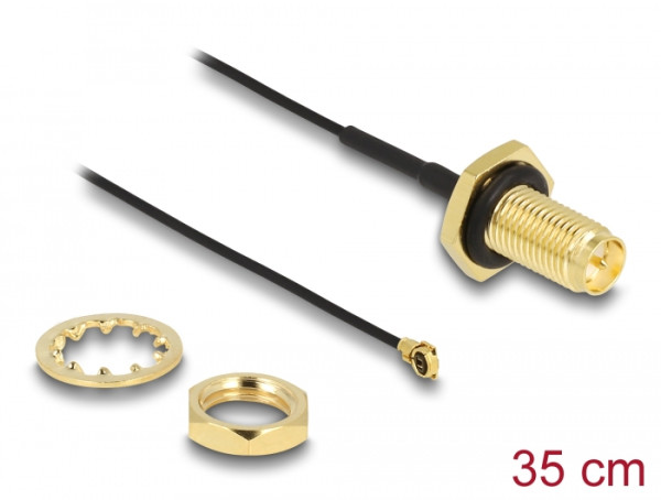 DeLOCK Antennenkabel RP-SMA Buchse zum Einbau zu I-PEX Inc., MHF® I Stecker 1.13 35 cm Gewindelänge 10 mm spritzwassergeschützt (88383)