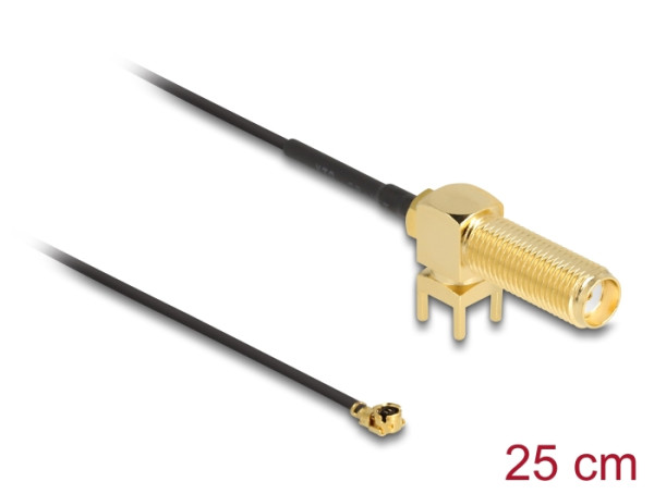 DeLOCK Antennenkabel SMA 90° PCB Buchse zum Einbau zu I-PEX Inc., MHF® I Stecker 1.13 25 cm Gewindelänge 15 mm (12035)