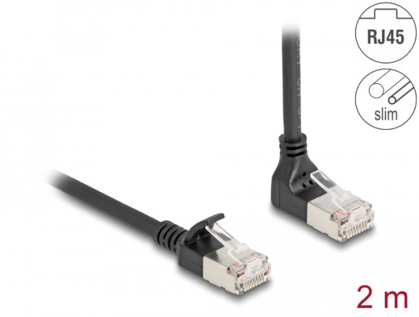 DeLOCK RJ45 Netzwerkkabel Cat.6A S/FTP Slim 90° oben gewinkelt / gerade 2 m schwarz (80288)