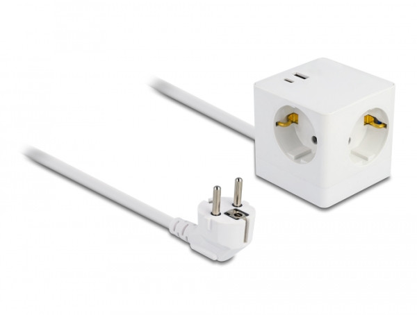 DeLOCK Steckdosenwürfel mit Verlängerungskabel 3-fach mit Kindersicherung und USB PD 3.0 Ladegerät 20 W, 1,5 m Kabel, weiß (11502)