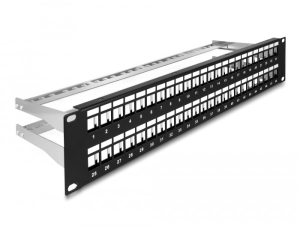 DeLOCK 19″ Keystone Patchpanel 48 Port mit Entlastungsschienen 2 HE schwarz (66878)