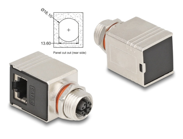 DeLOCK M12 Adapter X-kodiert 8 Pin Buchse zu RJ45 Buchse Cat.6A STP geschirmt 90° gewinkelt (60088)