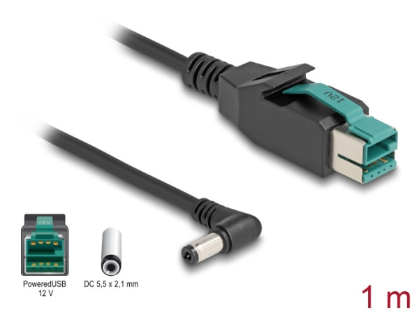 DeLOCK PoweredUSB Kabel Stecker 12 V zu DC 5,5 x 2,1 mm Stecker gewinkelt 1 m (80011)