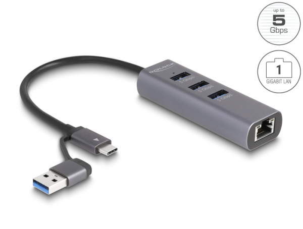 DeLOCK 3 Port USB 5 Gbps Hub + Gigabit LAN mit USB Type-C oder USB Typ-A Anschluss im Metallgehäuse (64282)