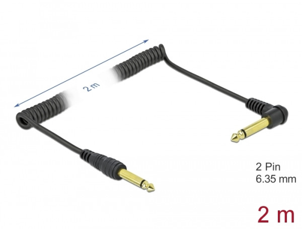 DeLOCK Spiralkabel 6,35 mm 2 Pin Klinkenstecker zu Klinkenstecker Mono gewinkelt 2 m schwarz (85939)
