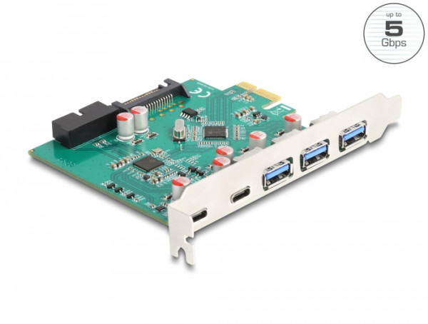 DeLOCK USB 5 Gbps PCI Express x1 Karte zu 3 x extern Typ-A + 2 x extern USB Type-C Buchse und 1 x intern 19 Pin USB Pfostenstecker (90109)